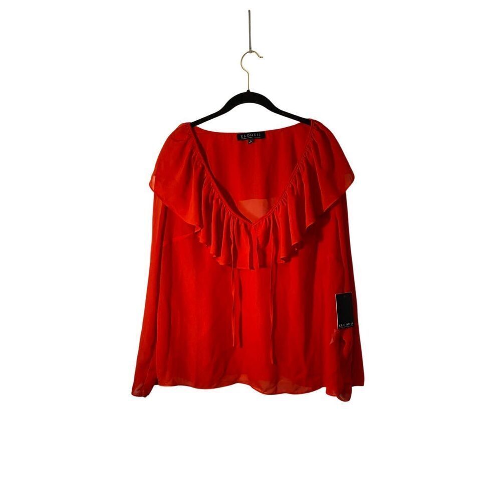 NWT Eloquii red Ruffle Tie neck, sheer pullover Blouse 14